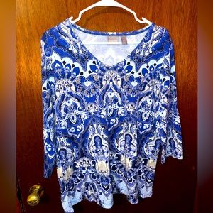 Chicos 3 Womens Blue Paisley Boho Long Sleeve Blouse Size XL